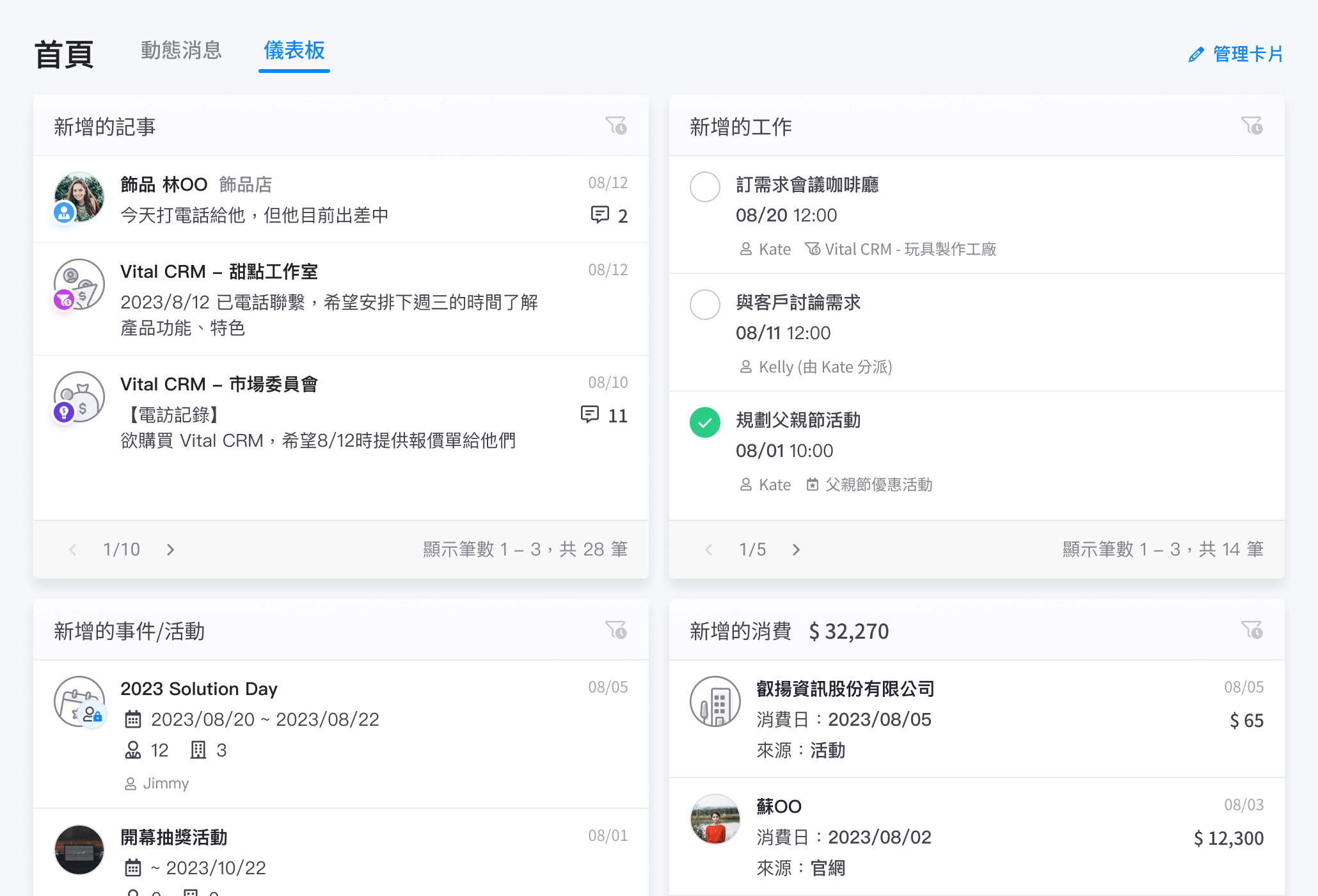 儀表板 - 建立的資料