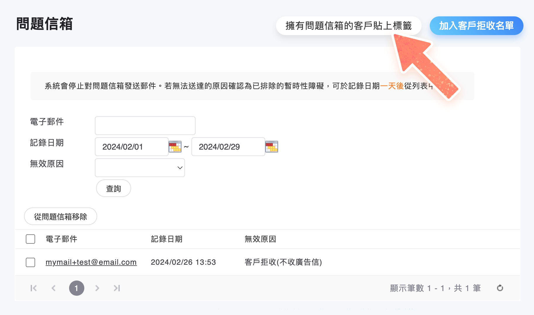 問題信箱列表右上角按鈕可對擁有問題信箱的客戶貼上標籤