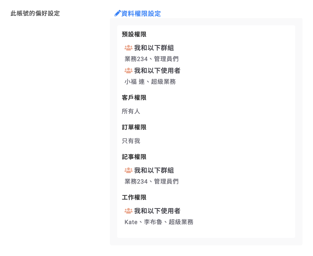 設定各類型資料權限，且不為跟隨