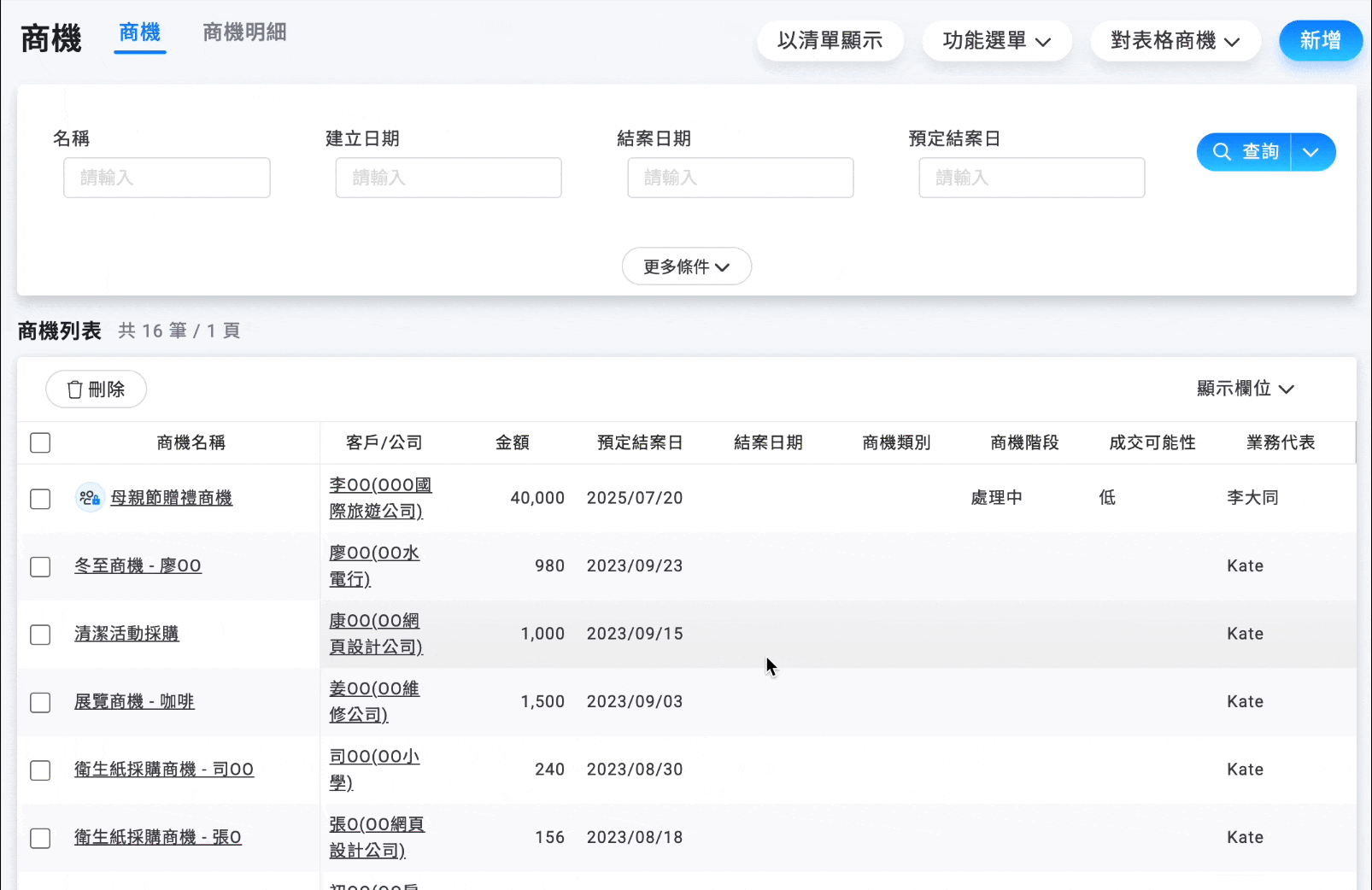 商機列表查看資料操作展示